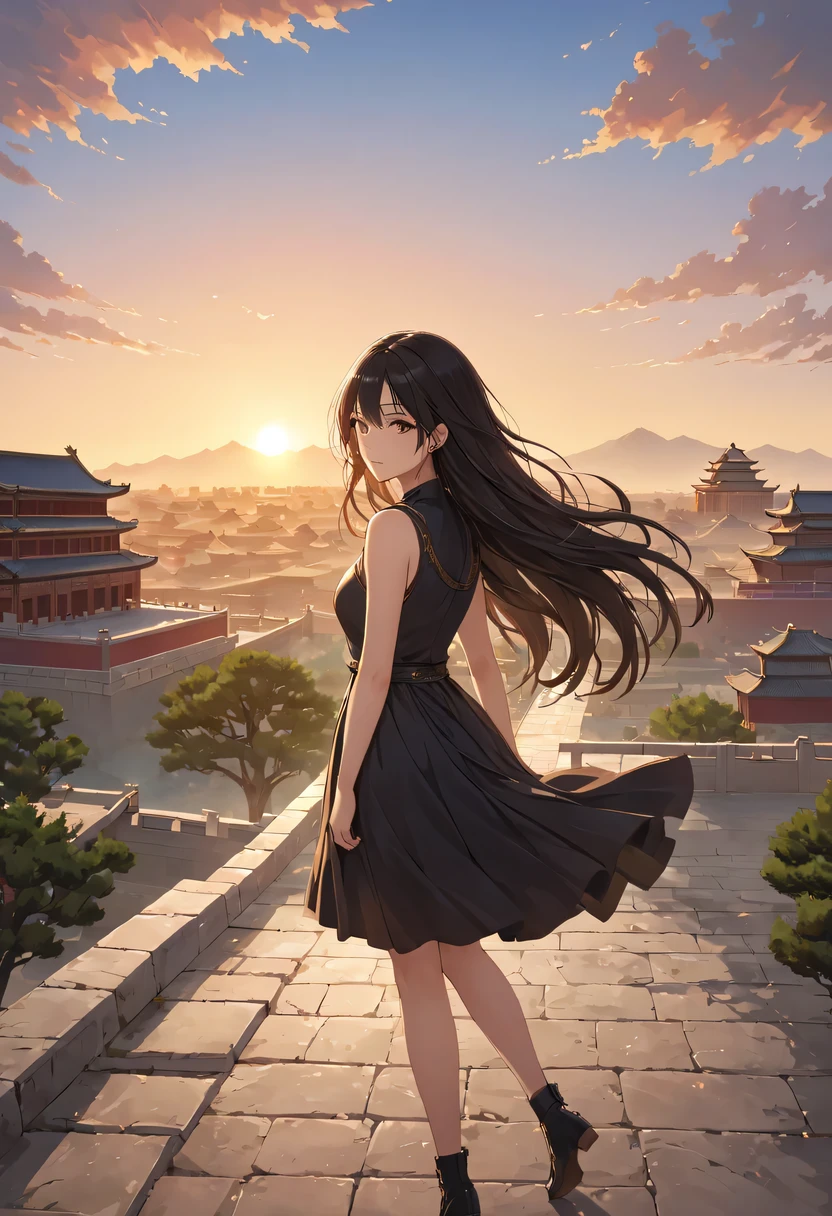 (masterpiece, top quality, best quality, official art, Beautiful and beautiful:1.2), contour，backlight，chiaroscuro，vignette，Cinema lighting，film grain,1 girl,模特拍照姿势站在ancient city房屋的顶端，flowing long hair，Gaze at the distant skyline，那Sunset余晖与古老的the forbidden city映造出一道美丽的风景，west wind blows girl&#39;Long hair on the ancient road，the forbidden city，Sunset，Sunset，cloud，fallen flowers，ancient city，dead tree，mottled，grassland，Silent and desolate，