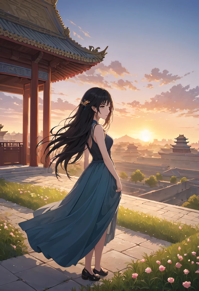 (masterpiece, top quality, best quality, official art, Beautiful and beautiful:1.2), contour，backlight，chiaroscuro，vignette，Cinema lighting，film grain,1 girl,模特拍照姿势站在ancient city房屋的顶端，flowing long hair，Gaze at the distant skyline，那Sunset余晖与古老的the forbidden city映造出一道美丽的风景，west wind blows girl&#39;Long hair on the ancient road，the forbidden city，Sunset，Sunset，cloud，fallen flowers，ancient city，dead tree，mottled，grassland，Silent and desolate，