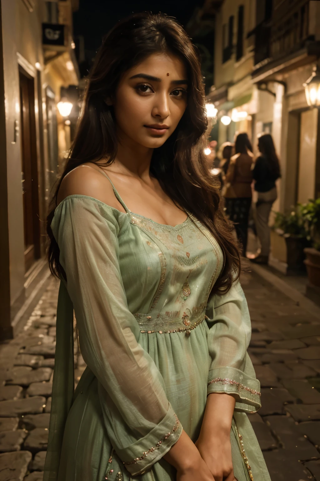 masterpiece, Best Quality, Photorealistic, Ultra-detailed, finedetail, hight resolution, 8k Wallpapers, 1 beautiful woman, face of actress pooja hegde, lime shalwar qameez, At night, light brown messy hair, Perfect dynamic composition, Beautiful detailed eyes