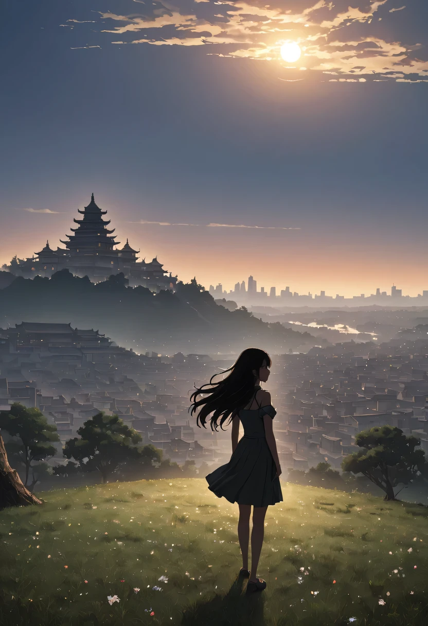 (masterpiece, top quality, best quality, official art, Beautiful and beautiful:1.2), contour，backlight，chiaroscuro，1 girl,模特拍照姿势站在ancient city房屋的顶端，flowing long hair，Gaze at the distant skyline，那Sunset余晖与古老的the forbidden city映造出一道美丽的风景，west wind blows girl&#39;Long hair on the ancient road，the forbidden city，Sunset，Sunset，cloud，fallen flowers，ancient city，dead tree，mottled，grassland，Silent and desolate，