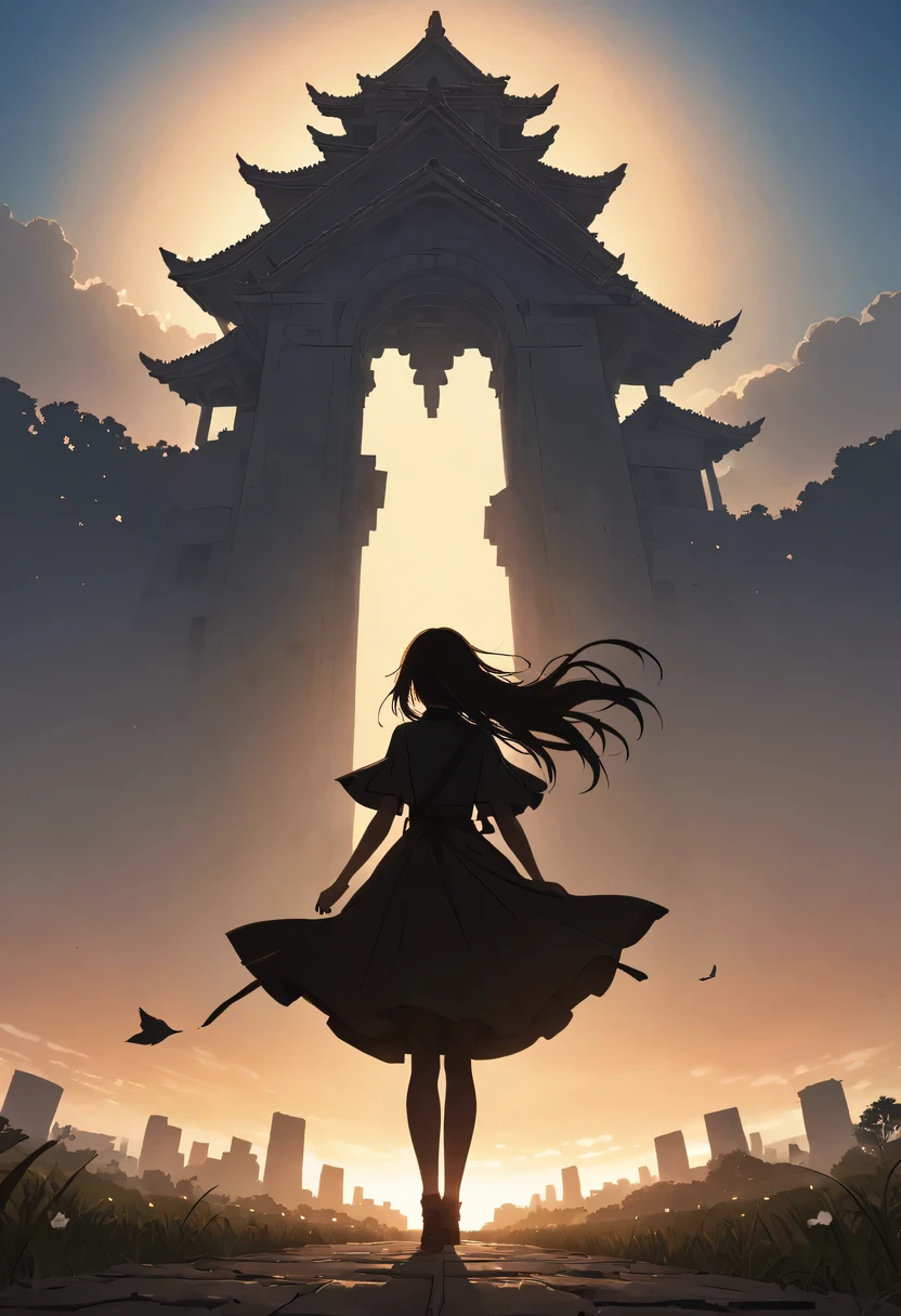 (masterpiece, top quality, best quality, official art, Beautiful and beautiful:1.2), contour，backlight，clair obscur，Vignette，Cinema lighting，film grain,1 girl,Model poses for photos standing on top of a building in the ancient city，flowing long hair，Gaze at the distant skyline，The sunset and the ancient forbidden city create a beautiful scenery，west wind blows girl&#39;Long hair on the ancient road，the forbidden city，Sunset，Sunset，cloud，fallen flowers，ancient city，dead tree，mottled，grassland，Silent and desolate，
