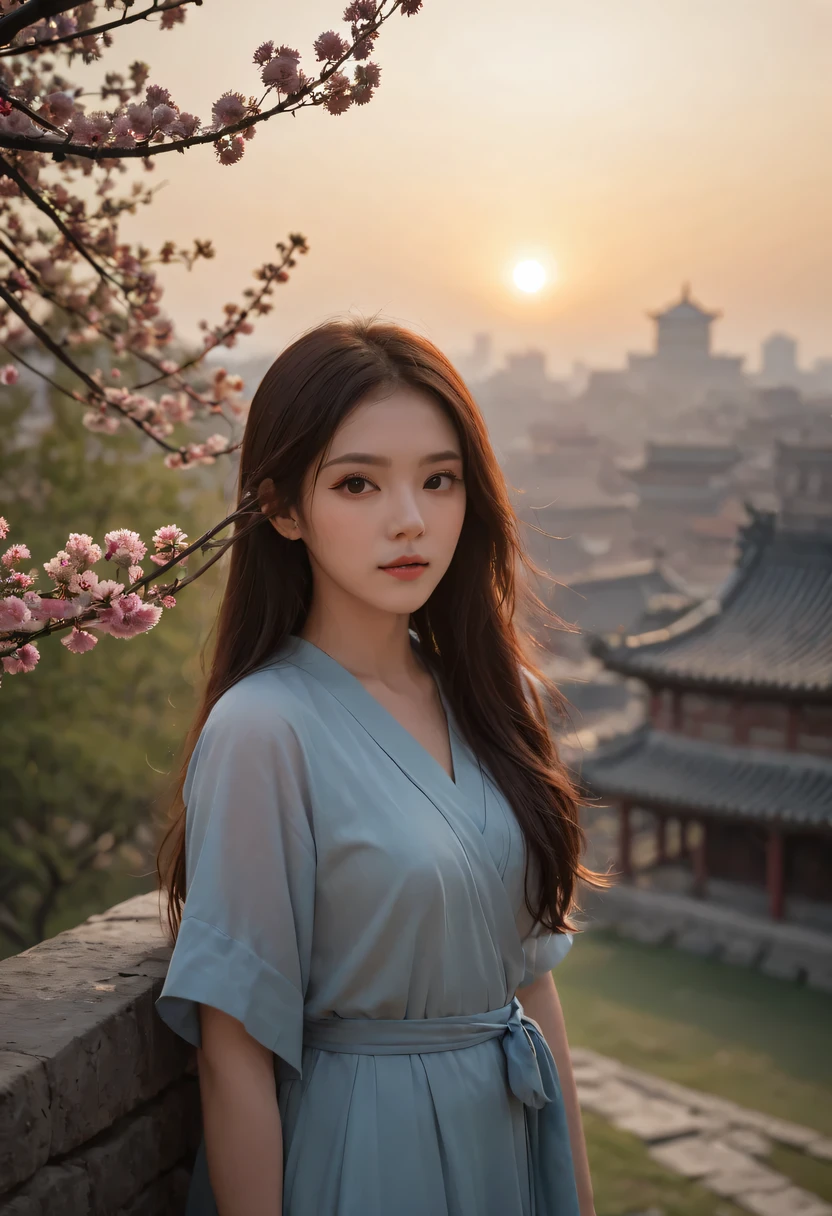 (masterpiece, top quality, best quality, official art, Beautiful and beautiful:1.2), contour，backlight，chiaroscuro，vignette，Cinema lighting，film grain,1 girl,模特拍照姿势站在ancient city房屋的顶端，flowing long hair，Gaze at the distant skyline，那Sunset余晖与古老的the forbidden city映造出一道美丽的风景，west wind blows girl&#39;Long hair on the ancient road，the forbidden city，Sunset，Sunset，cloud，fallen flowers，ancient city，dead tree，mottled，grassland，Silent and desolate，