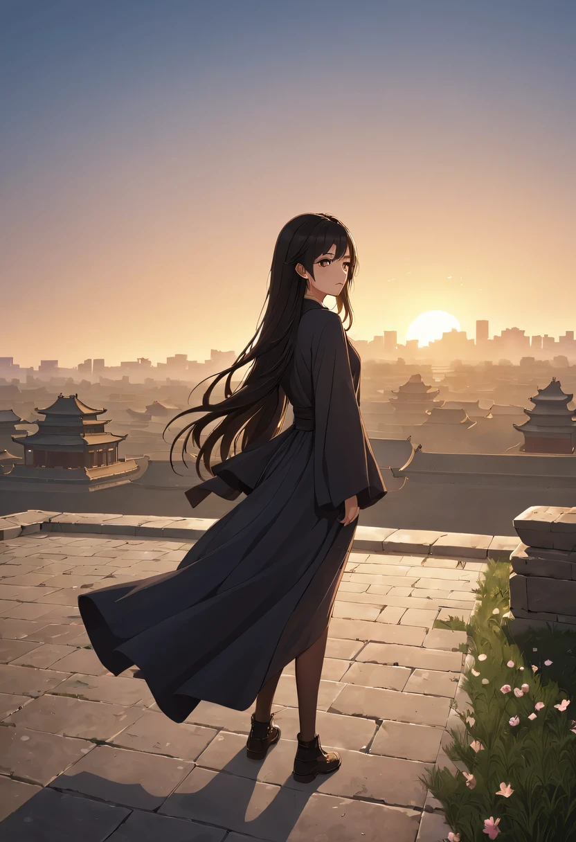 (masterpiece, top quality, best quality, official art, Beautiful and beautiful:1.2), contour，backlight，chiaroscuro，1 girl,模特拍照姿势站在ancient city房屋的顶端，flowing long hair，Gaze at the distant skyline，那Sunset余晖与古老的the forbidden city映造出一道美丽的风景，west wind blows girl&#39;Long hair on the ancient road，the forbidden city，Sunset，Sunset，cloud，fallen flowers，ancient city，dead tree，mottled，grassland，Silent and desolate，