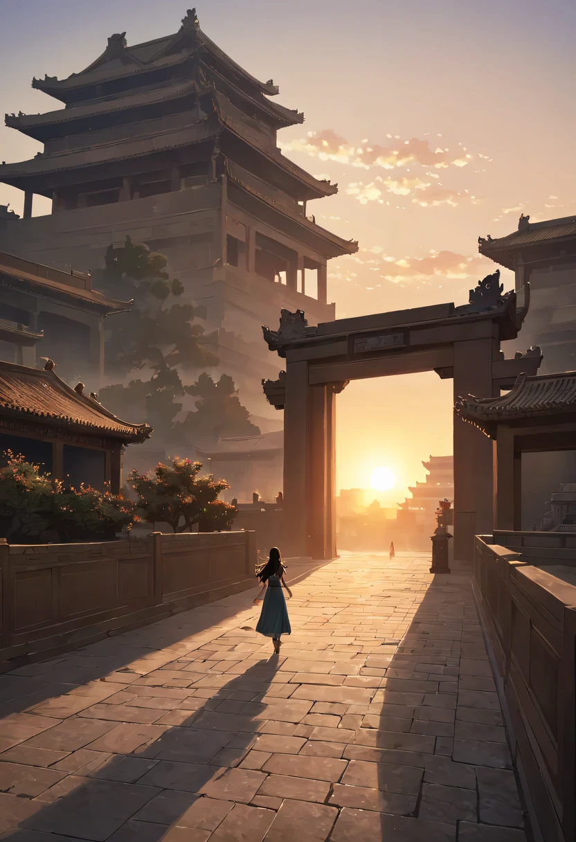 (masterpiece, top quality, best quality, official art, Beautiful and beautiful:1.2), contour，backlight，chiaroscuro，1 girl,模特拍照姿势站在ancient city房屋的顶端，flowing long hair，Gaze at the distant skyline，那Sunset余晖与古老的the forbidden city映造出一道美丽的风景，west wind blows girl&#39;Long hair on the ancient road，the forbidden city，Sunset，Sunset，cloud，fallen flowers，ancient city，dead tree，mottled，grassland，Silent and desolate，