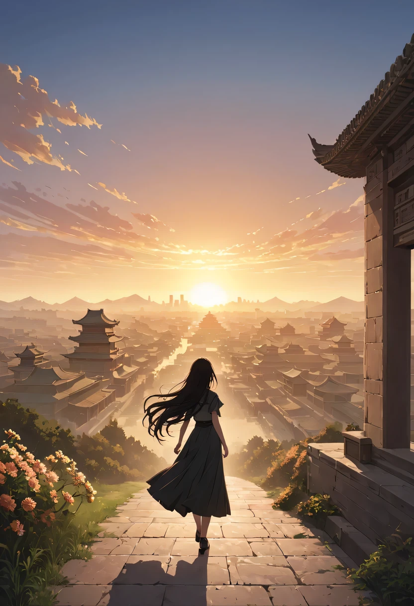 (masterpiece, top quality, best quality, official art, Beautiful and beautiful:1.2), contour，backlight，clair obscur，1 girl,Model poses for photos standing on top of a building in the ancient city，flowing long hair，Gaze at the distant skyline，The sunset and the ancient forbidden city create a beautiful scenery，west wind blows girl&#39;Long hair on the ancient road，the forbidden city，Sunset，Sunset，cloud，fallen flowers，ancient city，dead tree，mottled，grassland，Silent and desolate，