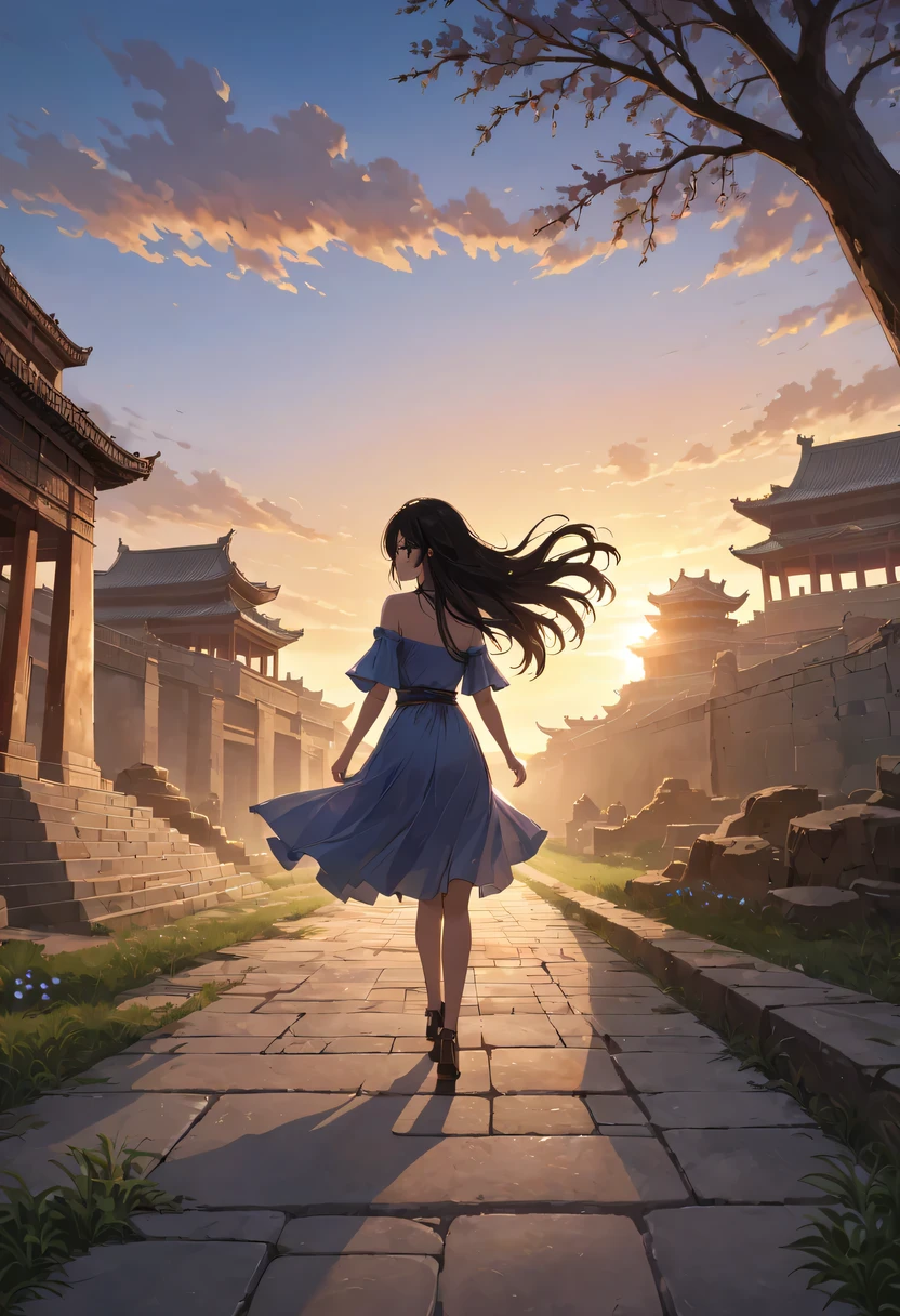 (masterpiece, top quality, best quality, official art, Beautiful and beautiful:1.2), contour，backlight，chiaroscuro，1 girl,模特拍照姿势站在ancient city房屋的顶端，flowing long hair，Gaze at the distant skyline，那Sunset余晖与古老的the forbidden city映造出一道美丽的风景，west wind blows girl&#39;Long hair on the ancient road，the forbidden city，Sunset，Sunset，cloud，fallen flowers，ancient city，dead tree，mottled，grassland，Silent and desolate，