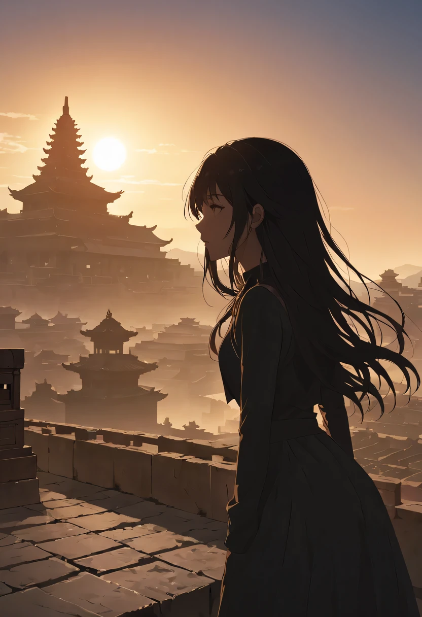 (masterpiece, top quality, best quality, official art, Beautiful and beautiful:1.2), (contour:1.3)，backlight，clair obscur，1 girl,Model poses for photos standing on top of a building in the ancient city，flowing long hair，Gaze at the distant skyline，The sunset and the ancient forbidden city create a beautiful scenery，west wind blows girl&#39;Long hair on the ancient road，the forbidden city，Sunset，Sunset，cloud，fallen flowers，ancient city，dead tree，mottled，grassland，Silent and desolate，