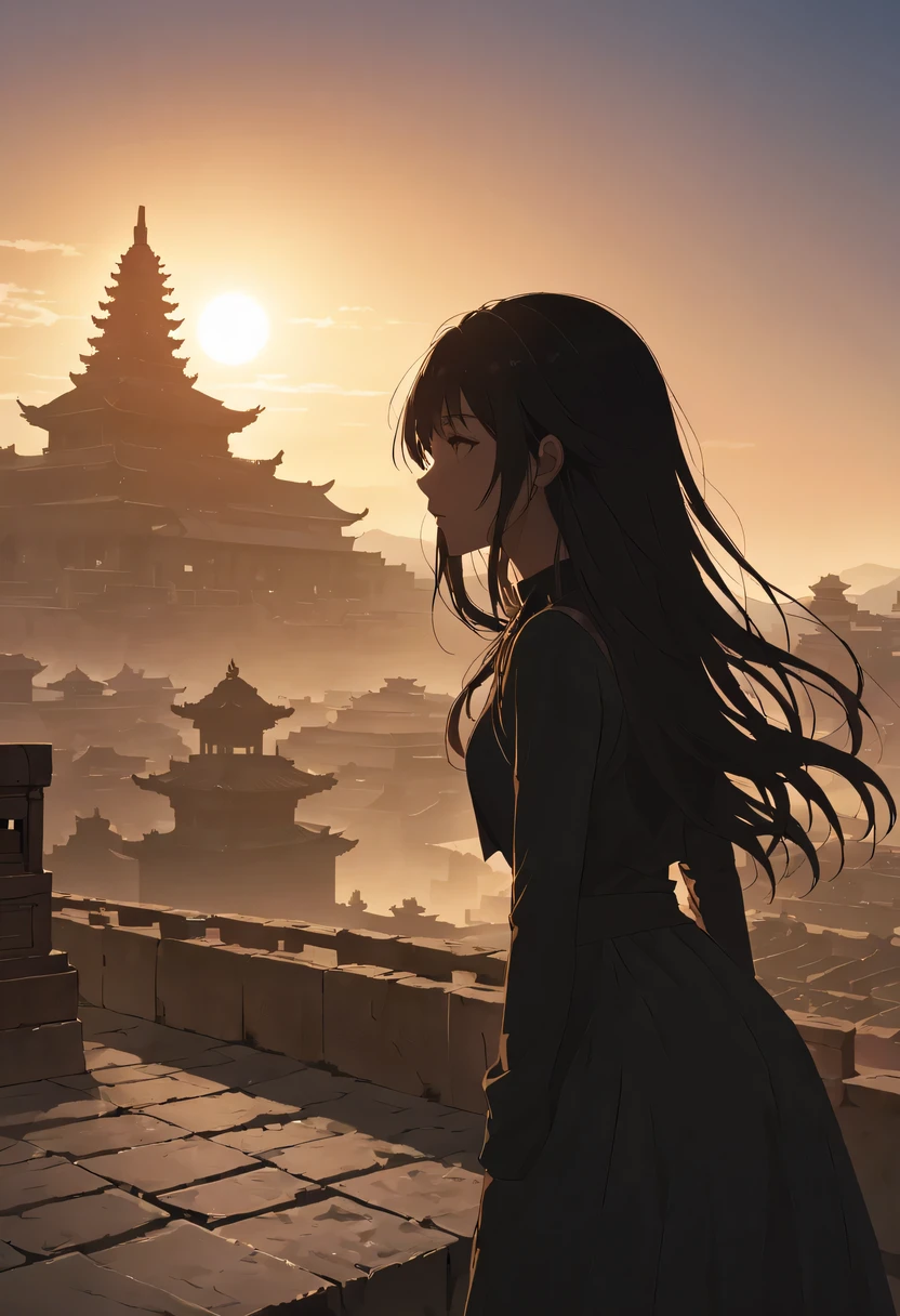 (masterpiece, top quality, best quality, official art, Beautiful and beautiful:1.2), (contour:1.3)，backlight，chiaroscuro，1 girl,模特拍照姿势站在ancient city房屋的顶端，flowing long hair，Gaze at the distant skyline，那Sunset余晖与古老的the forbidden city映造出一道美丽的风景，west wind blows girl&#39;Long hair on the ancient road，the forbidden city，Sunset，Sunset，cloud，fallen flowers，ancient city，dead tree，mottled，grassland，Silent and desolate，