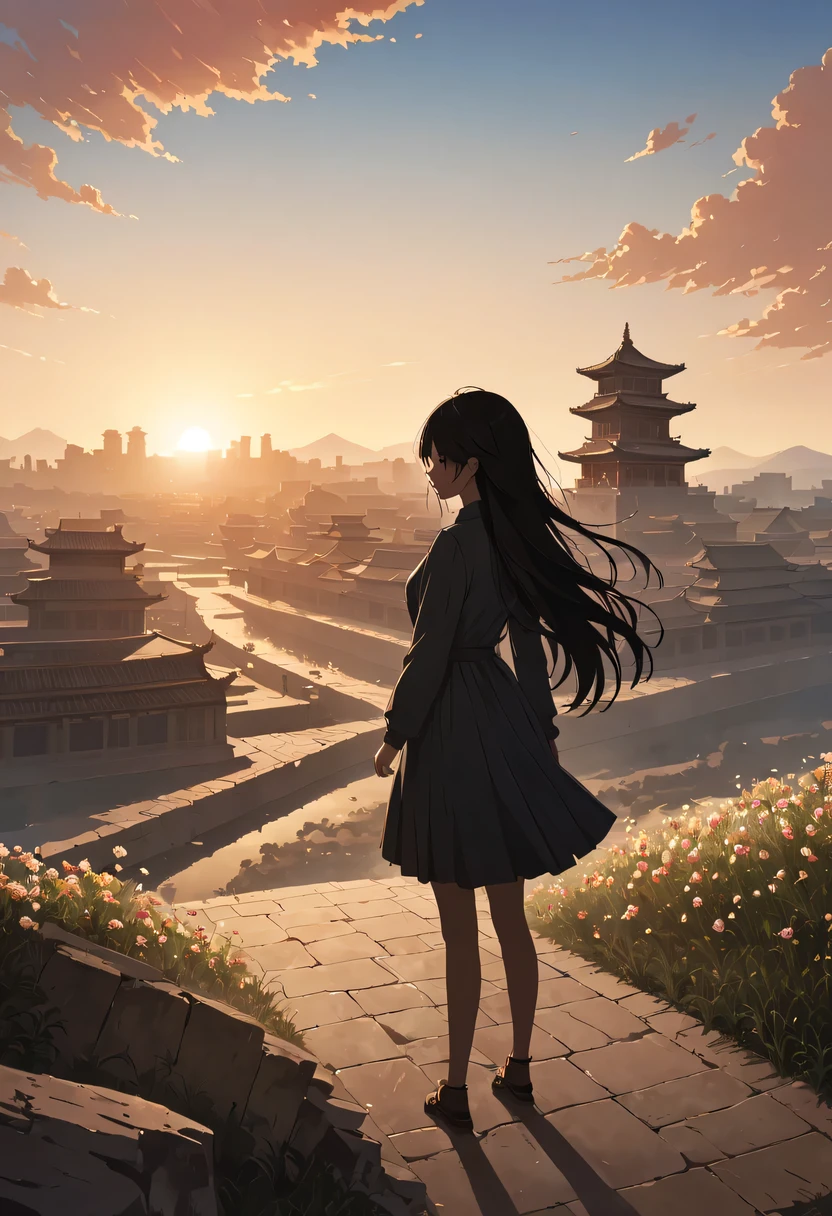 (masterpiece, top quality, best quality, official art, Beautiful and beautiful:1.2), contour，backlight，chiaroscuro，1 girl,模特拍照姿势站在ancient city房屋的顶端，flowing long hair，Gaze at the distant skyline，那Sunset余晖与古老的the forbidden city映造出一道美丽的风景，west wind blows girl&#39;Long hair on the ancient road，the forbidden city，Sunset，Sunset，cloud，fallen flowers，ancient city，dead tree，mottled，grassland，Silent and desolate，