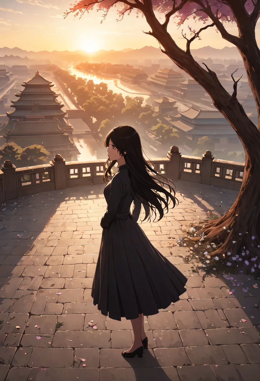 (masterpiece, top quality, best quality, official art, Beautiful and beautiful:1.2), contour，backlight，chiaroscuro，1 girl,模特拍照姿势站在ancient city房屋的顶端，flowing long hair，Gaze at the distant skyline，那Sunset余晖与古老的the forbidden city映造出一道美丽的风景，west wind blows girl&#39;Long hair on the ancient road，the forbidden city，Sunset，Sunset，cloud，fallen flowers，ancient city，dead tree，mottled，grassland，Silent and desolate，