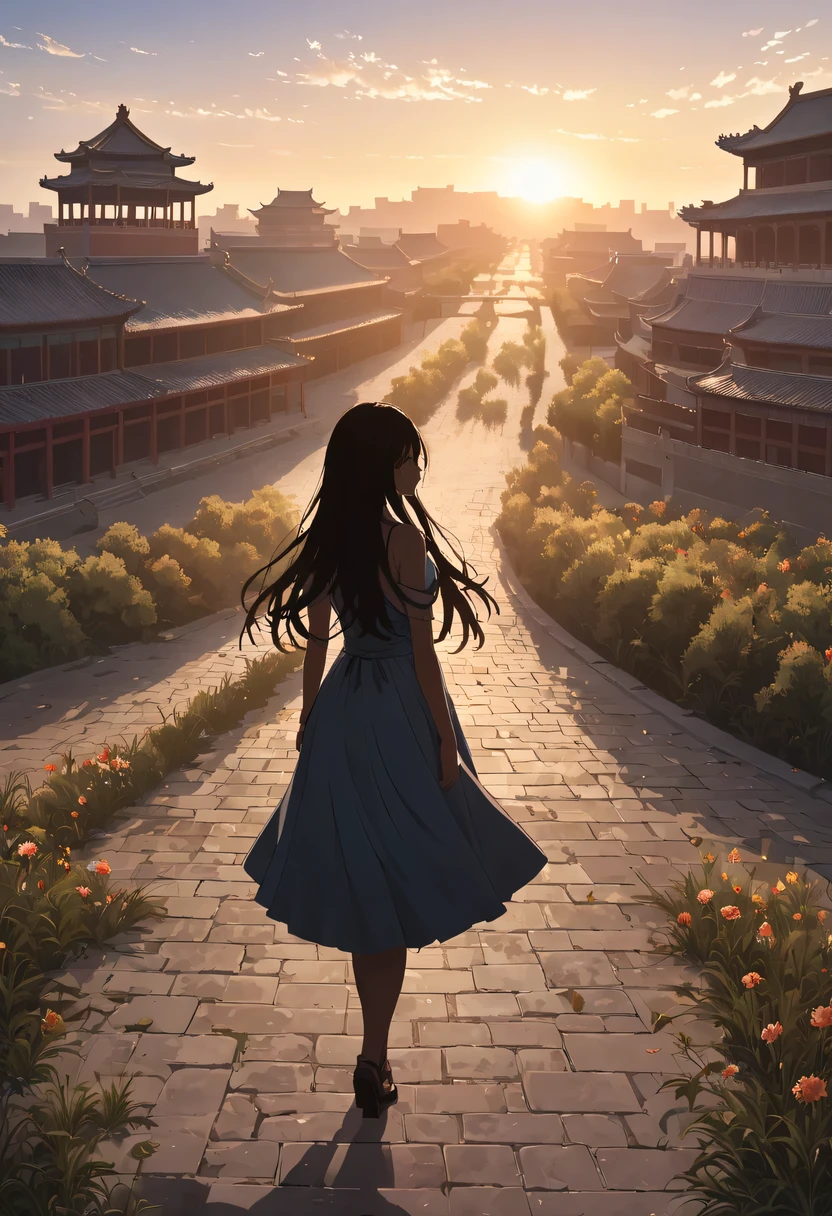 (masterpiece, top quality, best quality, official art, Beautiful and beautiful:1.2), contour，backlight，chiaroscuro，1 girl,模特拍照姿势站在ancient city房屋的顶端，flowing long hair，Gaze at the distant skyline，那Sunset余晖与古老的the forbidden city映造出一道美丽的风景，west wind blows girl&#39;Long hair on the ancient road，the forbidden city，Sunset，Sunset，cloud，fallen flowers，ancient city，dead tree，mottled，grassland，Silent and desolate，