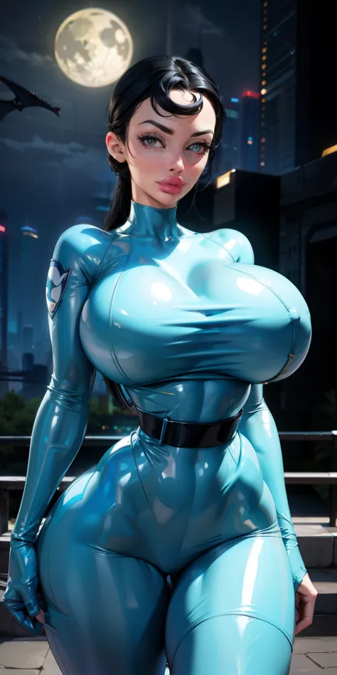 Lean fit agent honeydew girl from the dark knight stands imposing in a gothic lost city. Blue bodysuit, black hair, (gigantic breasts), Moonlight highlights her fit and lean figure. Slender hips, (hip dips), intricate bodysuit, logo on shoulder, (black uti...