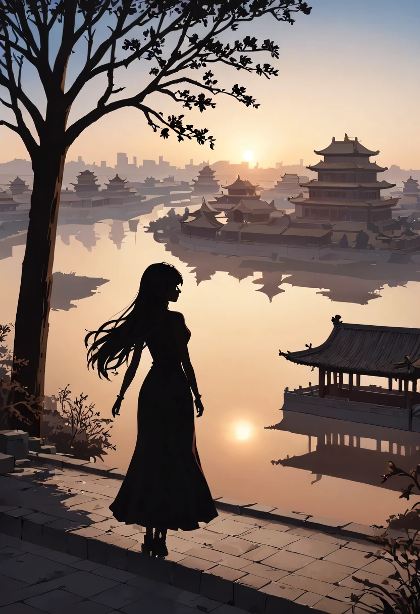 (masterpiece, top quality, best quality, official art, Beautiful and beautiful:1.2), contour，backlight，chiaroscuro，1 girl,模特拍照姿势站在ancient city房屋的顶端，flowing long hair，Gaze at the distant skyline，那Sunset余晖与古老的the forbidden city映造出一道美丽的风景，west wind blows girl&#39;Long hair on the ancient road，the forbidden city，Sunset，Sunset，cloud，fallen flowers，ancient city，dead tree，mottled，grassland，Silent and desolate，