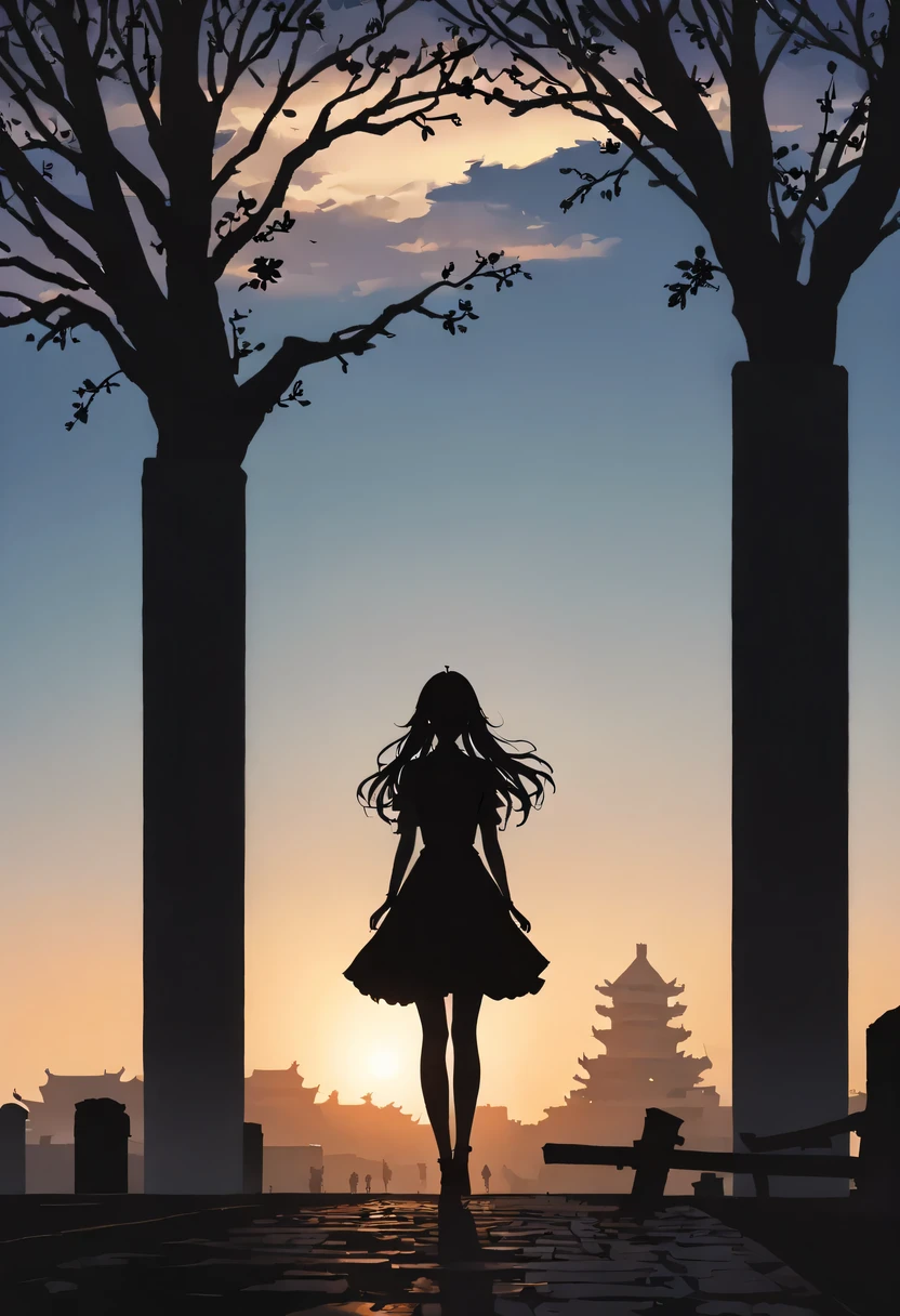 (masterpiece, top quality, best quality, official art, Beautiful and beautiful:1.2), (contour:1.5)，1 girl,Model poses for photos standing on top of a building in the ancient city，flowing long hair，Gaze at the distant skyline，The sunset and the ancient forbidden city create a beautiful scenery，west wind blows girl&#39;Long hair on the ancient road，the forbidden city，Sunset，Sunset，cloud，fallen flowers，ancient city，dead tree，mottled，grassland，Silent and desolate，
