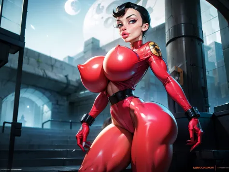 Lean fit agent honeydew girl from the dark knight stands imposing in a gothic lost city. Blue bodysuit, black hair, (gigantic breasts), Moonlight highlights her fit and lean figure. Slender hips, (hip dips), intricate bodysuit, logo on shoulder, (black uti...