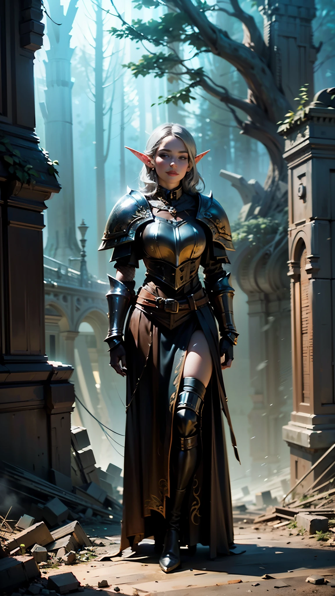 (Numerous award-winning masterpiece, with incredible detail, textures and maximum detail), (hyper realistic:1.4), (Full body image:1.8),((fantasy world)),  (Beautiful elf female hunter:1.8),(languid and bewitching smile on the lips:1.5)(Seductive Gaze:1.9), best quality real texture skin, (bewitching finely Detailed and beautiful face:1.6),(Wearing a hunter leather armor  set:1.99)(Image of aesthetic and decadent atmosphere:1.9), (fair but beautiful skin and face:1.8), (wearing many decadent and delicately crafted accessories:1.8),(Two eyes that emit strong green light from inside:1.4), ((dramatic photo)), ((cinematic light)),(dramatic pose), (smoke effects and bewitching light:1.4), (beautiful silver hair, Wind Effects:1.6), (Ruins of an old castle:1.7), (forest:1.6), pic realistic, faded, ((neutral colors)), art, (hdr:1.5), (muted colors:1.2), hyper detailed, (art station:1.5), cinematic, warm lights, light effect, dramatic light, (intricate details:1.1), complex background, 