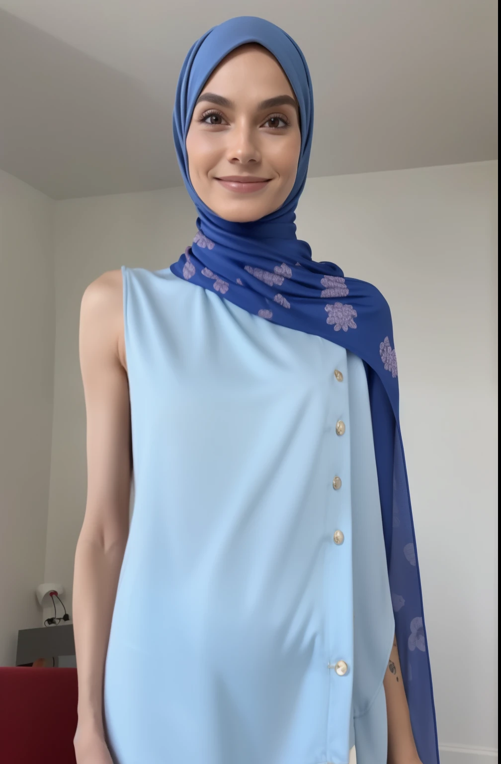 A woman wearing a blue dress and a blue scarf - SeaArt AI