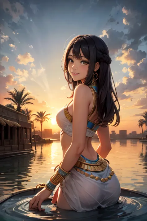 masterpiece, best quality, an ancient egyptian girl smiling in the nile river, ancient egyptian city at sunset, 