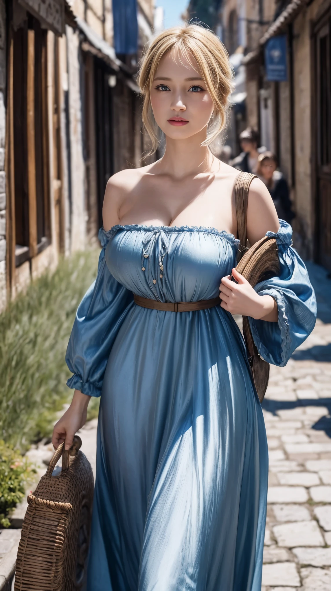 best quality, masterpiece, realistic photo, intricate details, raw photo, ultra detailed, old fashioned young woman, with sexy peasant style dress, no necklines, blonde hair, perfect detailed and blue eyes, walking in an old city, HD quality, 8K, young woman, 20 years old, big breasts, perfect body 