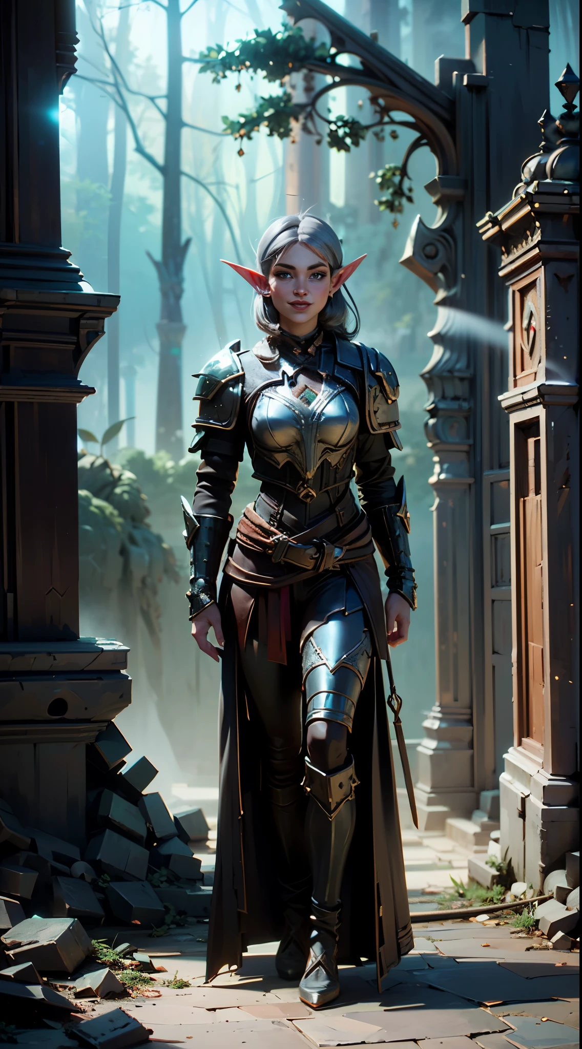 (Numerous award-winning masterpiece, with incredible detail, textures and maximum detail), (hyper realistic:1.4), (Full body image:1.8),((fantasy world)),  (Beautiful elf female hunter:1.8),(languid and bewitching smile on the lips:1.5)(Seductive Gaze:1.9), best quality real texture skin, (bewitching finely Detailed and beautiful face:1.6),(Wearing a hunter leather armor  set:1.99)(Image of aesthetic and decadent atmosphere:1.9), (fair but beautiful skin and face:1.8), (wearing many decadent and delicately crafted accessories:1.8),(Two eyes that emit strong green light from inside:1.4), ((dramatic photo)), ((cinematic light)),(dramatic pose), (smoke effects and bewitching light:1.4), (beautiful silver hair, Wind Effects:1.6), (Ruins of an old castle:1.7), (forest:1.6), pic realistic, faded, ((neutral colors)), art, (hdr:1.5), (muted colors:1.2), hyper detailed, (art station:1.5), cinematic, warm lights, light effect, dramatic light, (intricate details:1.1), complex background, 