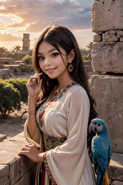 obra de arte, melhor qualidade, uma linda garota sorrindo, Vestido indígena mexicano, conversando com um papagaio, cidade antiga de Chichen Itzá st pôr do sol