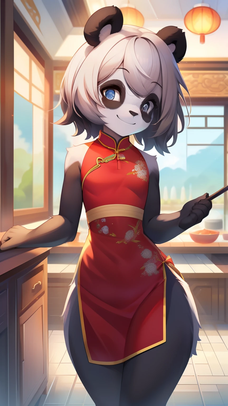 Best quality, Super detailed illustration, (1 boy:1.2), (Fluffy panda:1.4) , feminine face and body, disheveled thick hair, Chinese dress, Chef, shy smile, Femboy, small waist, wide hips, Slim, perfect body, style &quot;don&#39;t worry&quot;, 