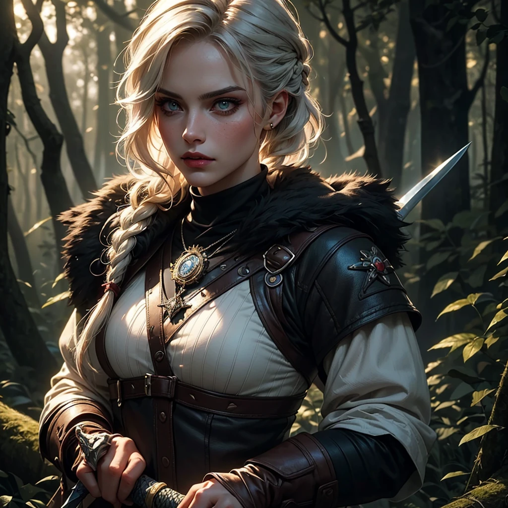 (best quality,4k,highres,masterpiece:1.2),Ciri,girl,detailed eyes,detailed lips,longeyelashes,beautiful face,determined,intense look,braided hair,expressive eyes,witcher medallion,dark fantasy,medieval,sword,fierce,strong,warrior,action pose,dangerous,forest background,moody lighting,vivid colors,realistic painting style