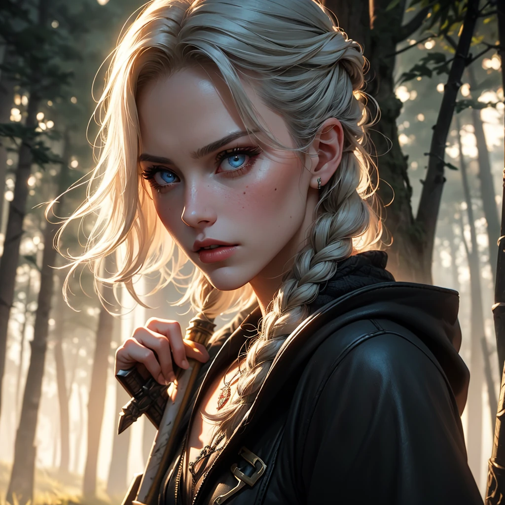 (best quality,4k,highres,masterpiece:1.2),Ciri,girl,detailed eyes,detailed lips,longeyelashes,beautiful face,determined,intense look,braided hair,expressive eyes,witcher medallion,dark fantasy,medieval,sword,fierce,strong,warrior,action pose,dangerous,forest background,moody lighting,vivid colors,realistic painting style