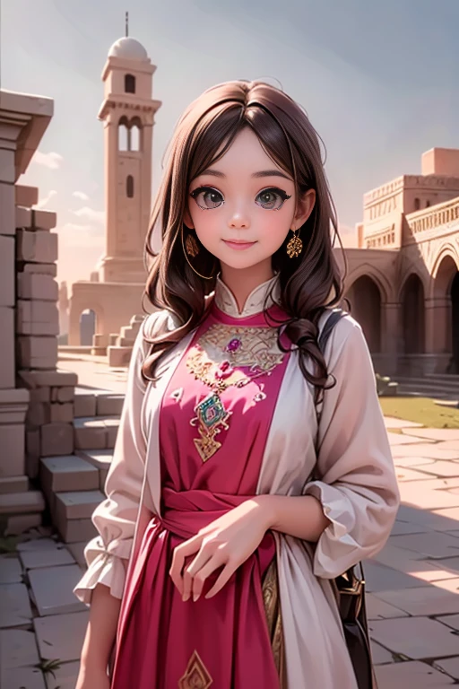 masterpiece, best quality, a cute girl smiling, ancient mesopotamian dress, mesopotamian clothing, watching the sunset, palace at background, 