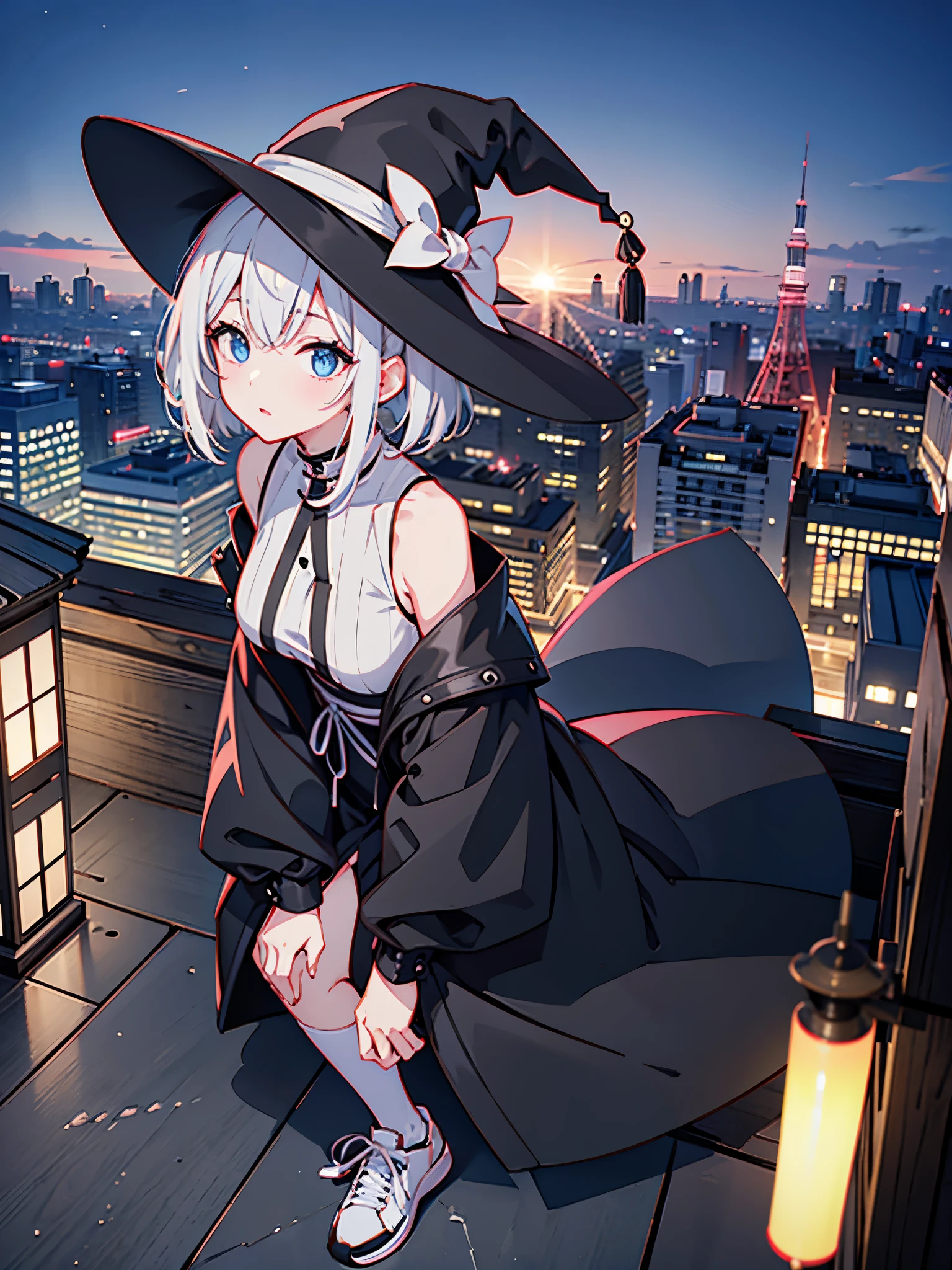 An adult woman lingering on the roof of a building overlooking the night view of Tokyo and the sea.、She has white lob hair with a short bob and wears a large black witch hat with sapphire accessories.、her appearance is stylish、she is wearing a long black coat、I&#39;m wearing a white T-shirt、Black long skirt、Black sneakers with white shoelaces、black tights、Black Short Leggings、2D illustration、Japan anime、drawn by Japanese ilastrator、high resolution、4K quality、high quality、High resolution、5 million pixels、high detail、No correction