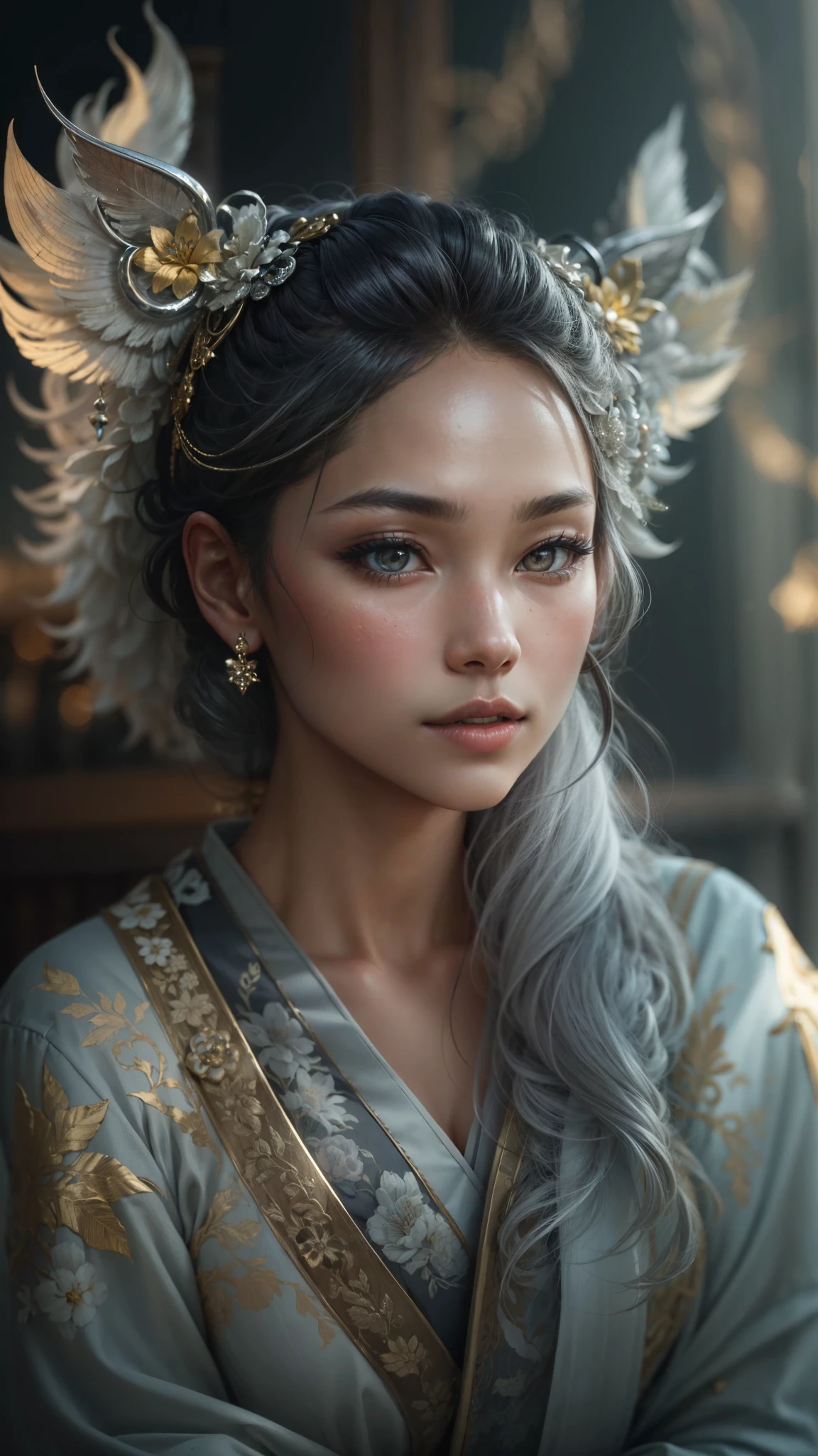 A full body portrait of a oriental woman with a silver tail and little horns, the photograph captured in stunning 8k resolution and raw format to preserve the highest quality of detail. The woman's beauty is undeniable, a peaceful look. She wears a silver ceremonial robe with gold details and some with delicate embroidered details that complement her charming and passionate pose, all portrayed with meticulous attention to detail, showing the perfection and maturity in her face with delicate features and hyper-detailed bright silver eyes. The photograph is taken with a lens that frames your entire body, challenging your gaze, and the backdrop is a divine, bright environment that highlights the vibrant colors of the scene. The lighting and shadows are expertly crafted to highlight the richness of her skin tone and the subtle nuances of her features. Her long silver hair, with distinct shade variations, adds a touch of warmth and contrast to her ebony skin. The outdoor setting adds a sense of divinity, while some silver scales reflect on your skin tell their own story. The overall composition captures her essence with authenticity and grace, creating a portrait that is a celebration of a glorious goddess. Photography by defiance512, using the best shadow and lighting techniques, to create a mesmerizing portrait that transcends the visual.