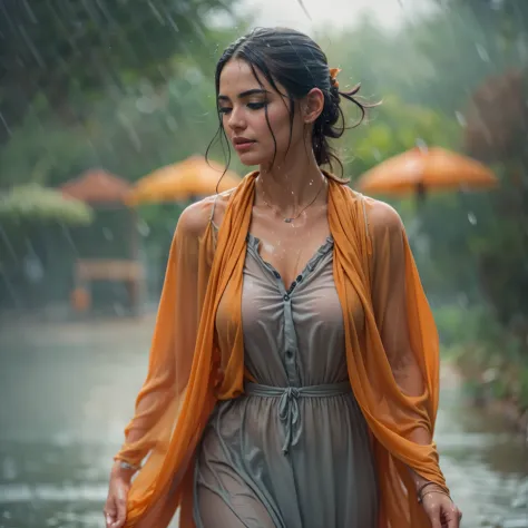 Arabic Woman walking in summer rain, ((in city park)),  ((fully clothed)),, ((rain)), long orange summer dress, light grey cardi...