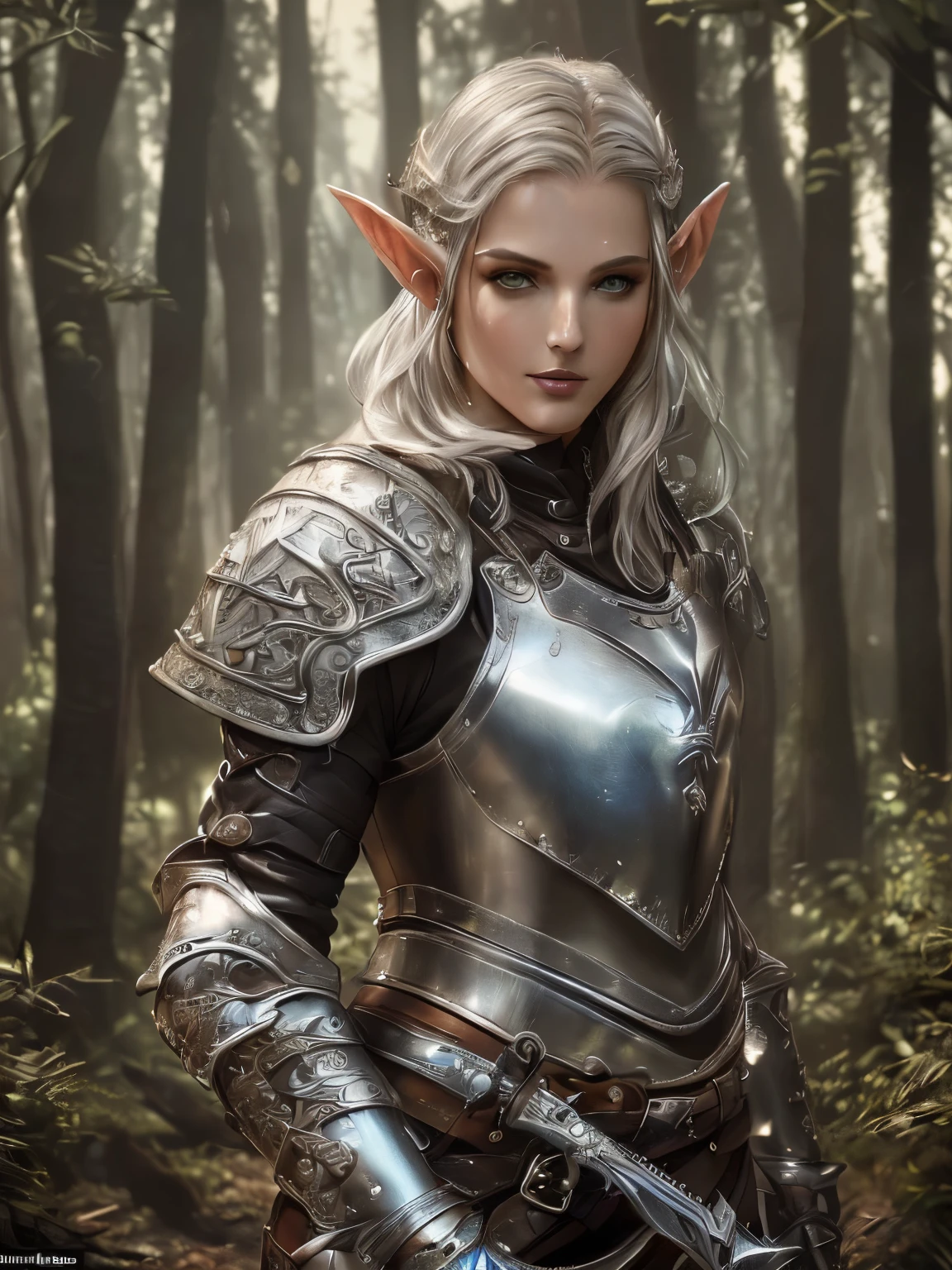 (Numerous award-winning masterpiece, with incredible detail, textures and maximum detail), (hyper realistic:1.4), (Full body image:1.8),((fantasy world)), (Beautiful elf female hunter:1.8),(languid and bewitching smile on the lips:1.5)(Seductive Gaze:1.9), best quality real texture skin, (bewitching finely Detailed and beautiful face:1.6),(Wearing a hunter leather armor set:1.99)(Image of aesthetic and decadent atmosphere:1.9), (fair but beautiful skin and face:1.8), (wearing many decadent and delicately crafted accessories:1.8),(Two eyes that emit strong green light from inside:1.4), ((dramatic photo)), ((cinematic light)),(dramatic pose), (smoke effects and bewitching light:1.4), (beautiful silver hair, Wind Effects:1.6), (Ruins of an old castle:1.7), (forest:1.6), pic realistic, faded, ((neutral colors)), art, (hdr:1.5), (muted colors:1.2), hyper detailed, (art station:1.5), cinematic, warm lights, light effect, dramatic light, (intricate details:1.1), complex background,