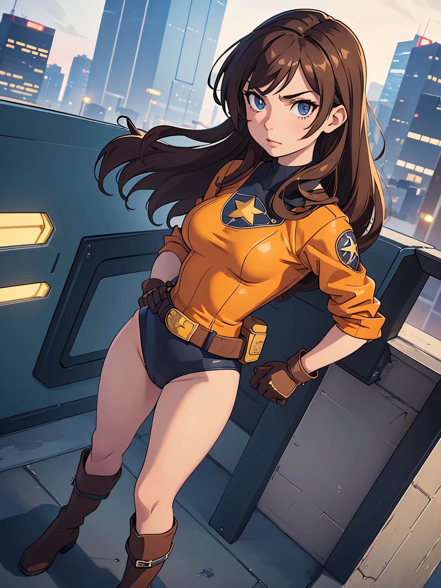 1girl, medium breasts, leotard, bare legs, tight belt, boots, matching boots, gloves, city backdrop, solo, single, hands on hip, standing, full body shot, cowboy shot, superhero, beautiful detailed eyes, mature lady, star symbol on chest, brown hair, high leg leotard