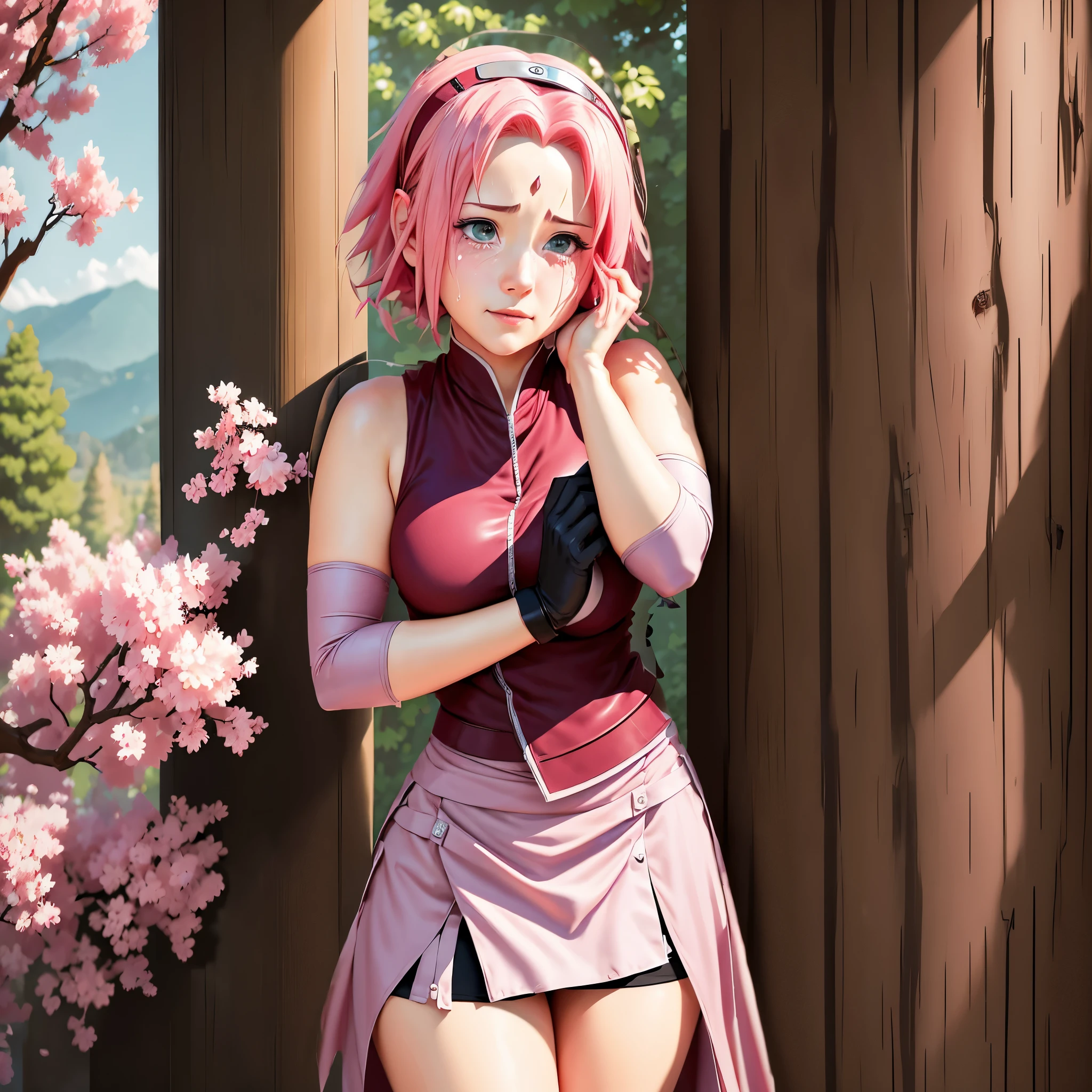 The fat Sakura Haruno captures the essence of charming acting, capturing the image of a person pretending to be innocent, adopting cute and gentle facial expressions that bring tears to the eyes, and wiping tears with her hands.