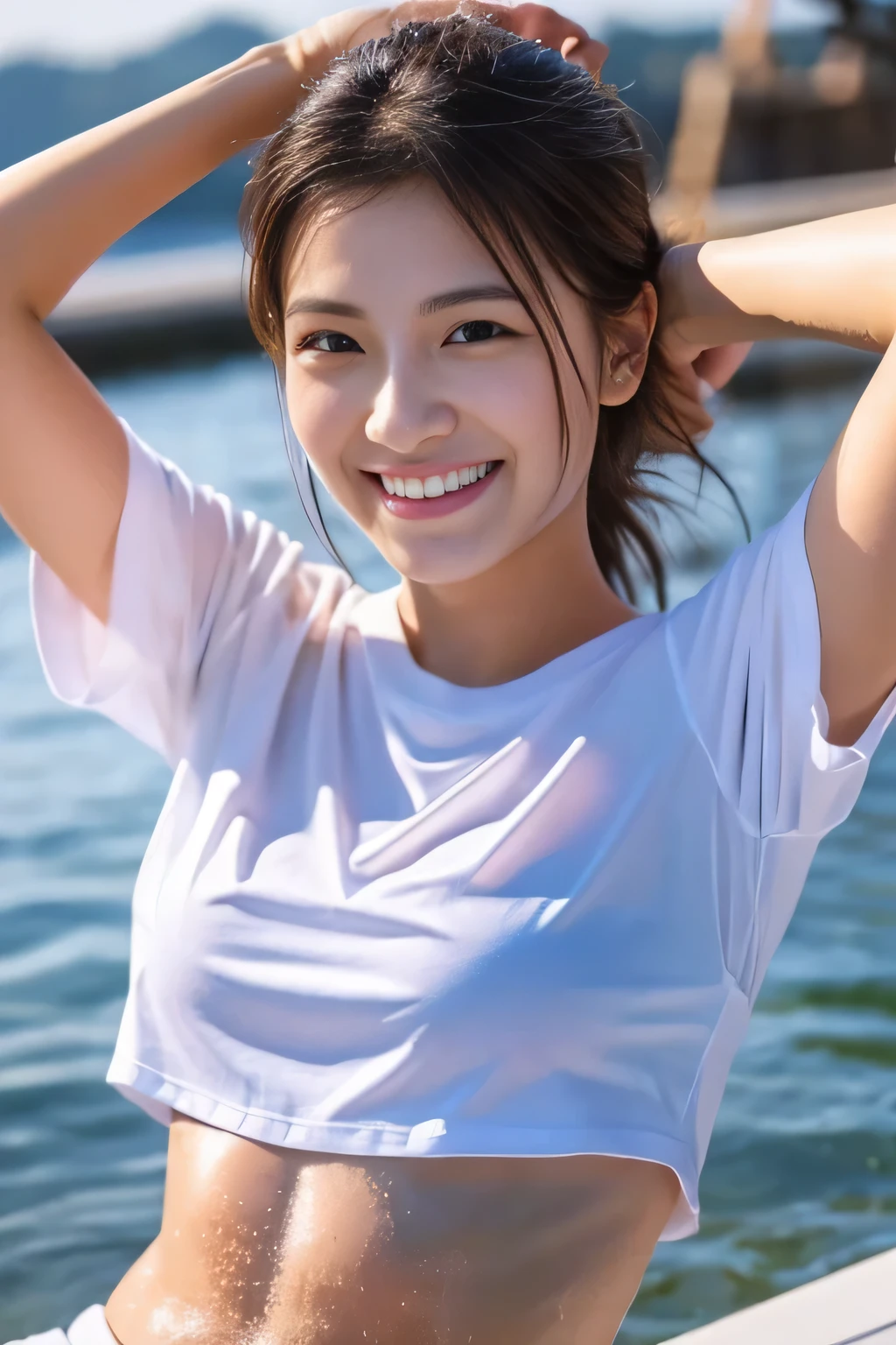 Arafed asian woman in a white shirt posing on a boat - SeaArt AI