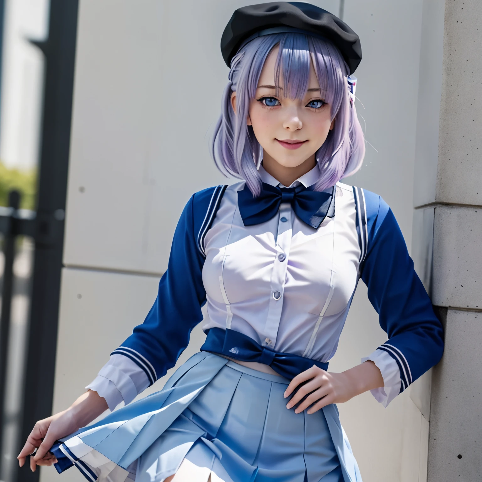 1fille, lilas_cheveux, gradient cheveux, light bleu cheveux, uniforme scolaire rouge, extremely détaillé CG, jupe blanche,  Ourlet noir, arc blanc,  bas blancs, bleu_yeux, rougir, seins, fermé_bouche, petit_seins, sourire, seulement, court cheveux, Style de peinture réaliste, regarder le spectateur, seulement, sourire,  shiny cheveux, tout le corps,  à l&#39;école, détaillé, bleu yeux, ultra détaillé, chef-d&#39;œuvre, style réaliste, court, suffisant, highly détaillé, se tenir droit, lumière du soleil, satisfait, arrière-plan,  lumière cinématographique, Meilleure qualité, bel éclairage, Peau douce, peau claire, petit thighs, devant, chapeau noir, bleu bow tie, Chaussures noires