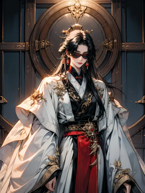 masterpiece, smile, looking at viewer, blindfold, chinese clothes,hanfu, long black hair