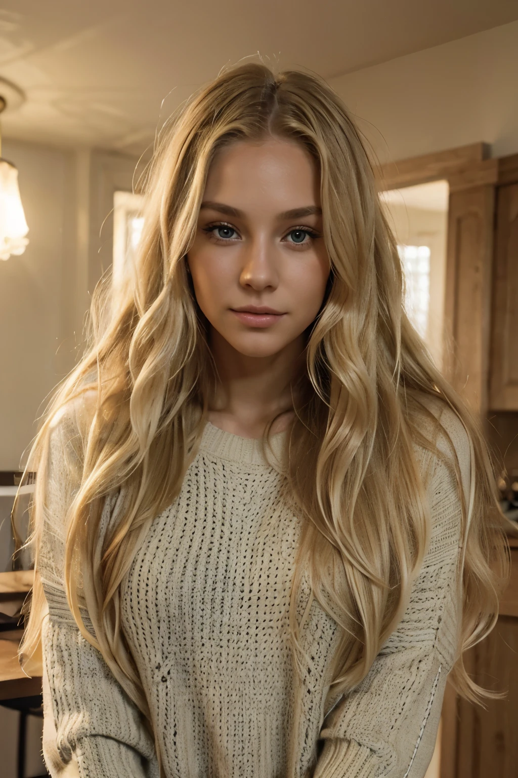 A close up of a woman with long blonde hair posing for a picture ...