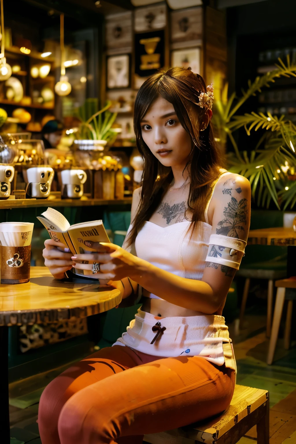 ((Voluptuoso benevolente ((Laosiano)) Barista de 18 anos)) sentado à mesa de madeira enquanto lê atentamente o livro, (vestindo roupa de rua justa), tatuagens em braços e pernas, usando smartwatch, Foto de alta qualidade, sentado no meio do silêncio (café com tema gótico com copiosos vasos de plantas de cannabis sativa) durante a hora dourada