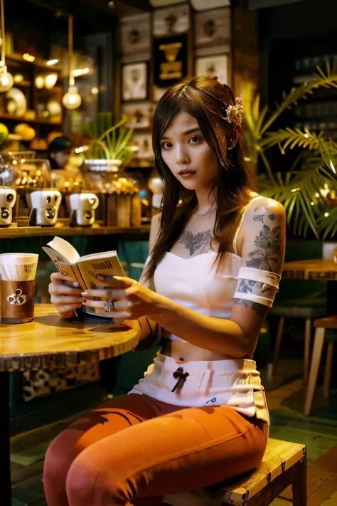 ((Benevolent voluptuous ((Laotian)) 18 yo barista)) sitting at wooden table while intently reading book, (wearing tight streetwe...