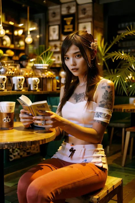 ((benevolent voluptuous ((laotian)) 18 yo barista)) sitting at wooden table while intently reading book, (wearing tight streetwe...