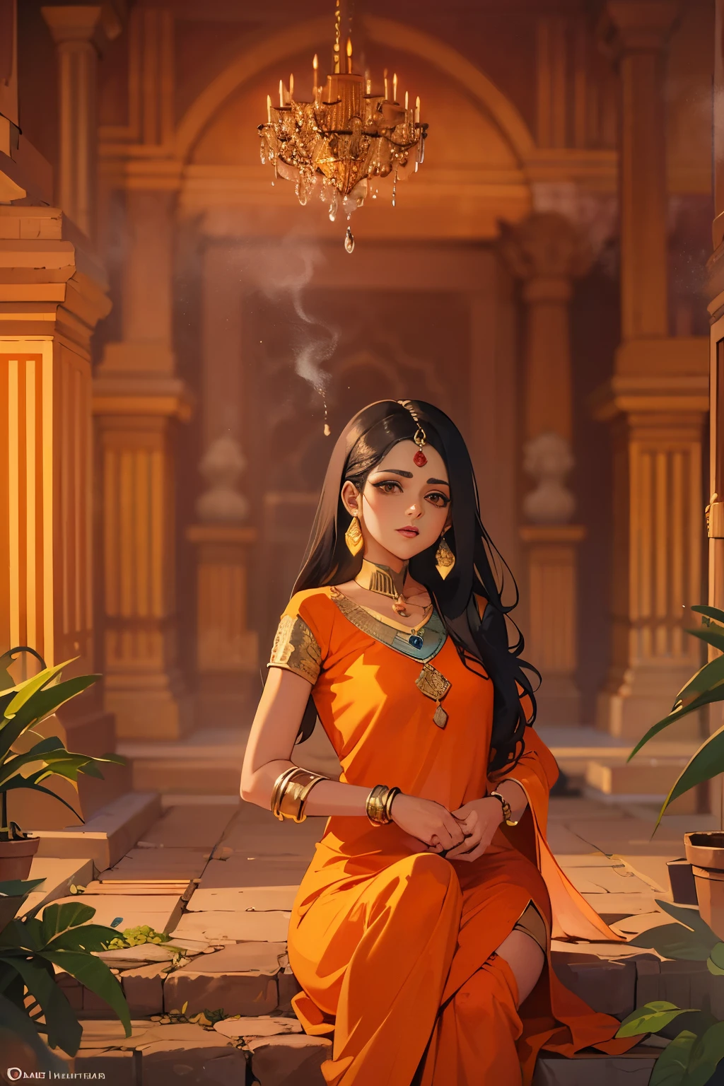 ((Young Desi goddess, short and plump, long natural hair)), looking at viewer nervously aroused, embarrassingly touching wet vagina, (tight orange skin suit), (smokey eyeshadow), (small flat chest breasts), (henna stained hands and feet), (copious incense burning and candlelit atmosphere), modern Hindu Temple large glass sliding door revealing busy outdoor with tall potted cannabis sativa plants background