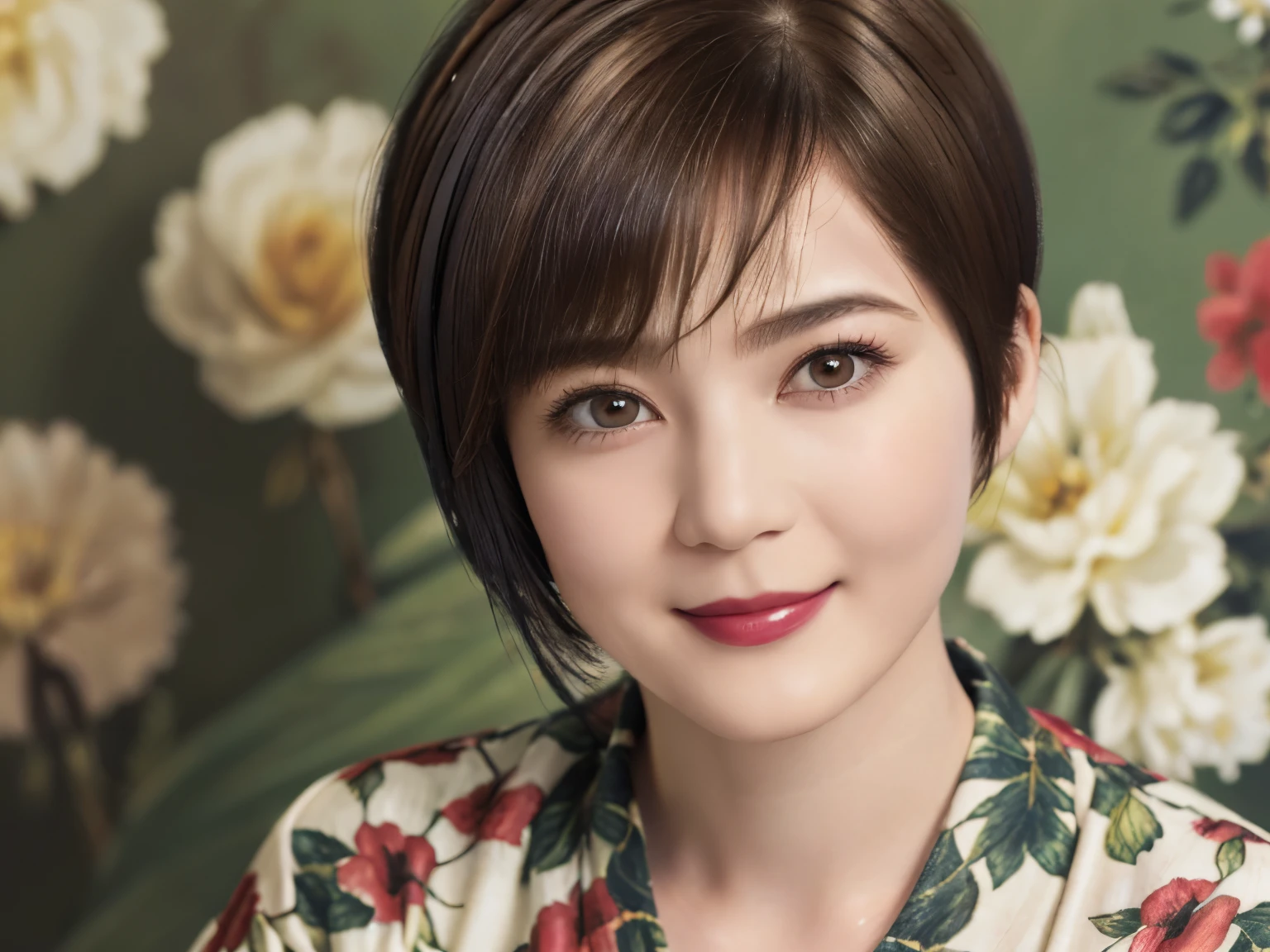 151
(20 year old woman,Floral clothing), (Super realistic), (high resolution), ((beautiful hairstyle 46)), ((short hair:1.46)), (gentle smile), (brest:1.1), (lipstick)
