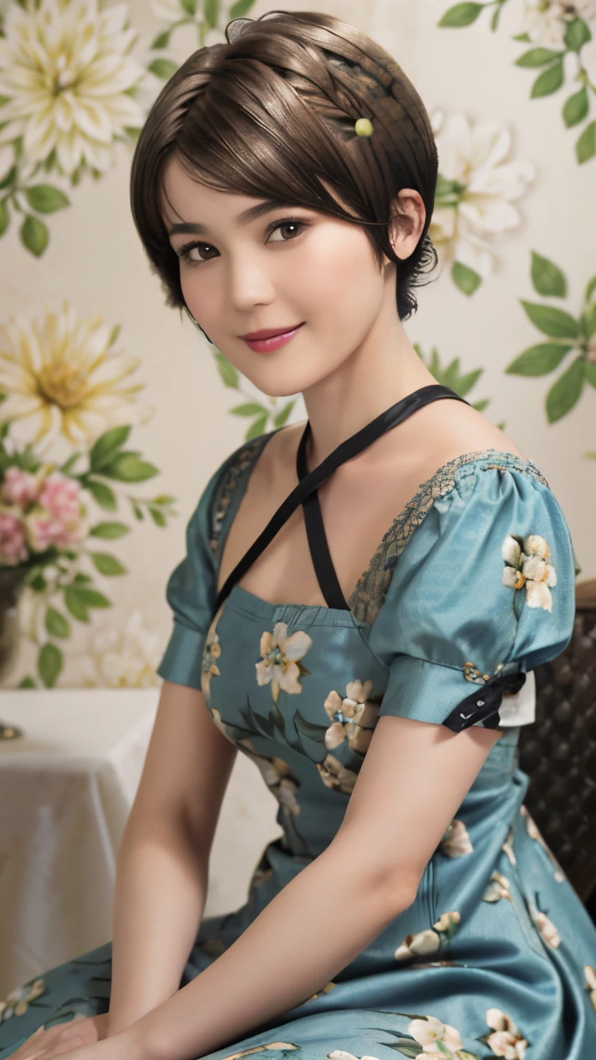 152
(20 year old woman,floral pattern dress), (Super realistic), (high resolution), ((beautiful hairstyle 46)), ((short hair:1.46)), (gentle smile), (brest:1.1), (lipstick)
