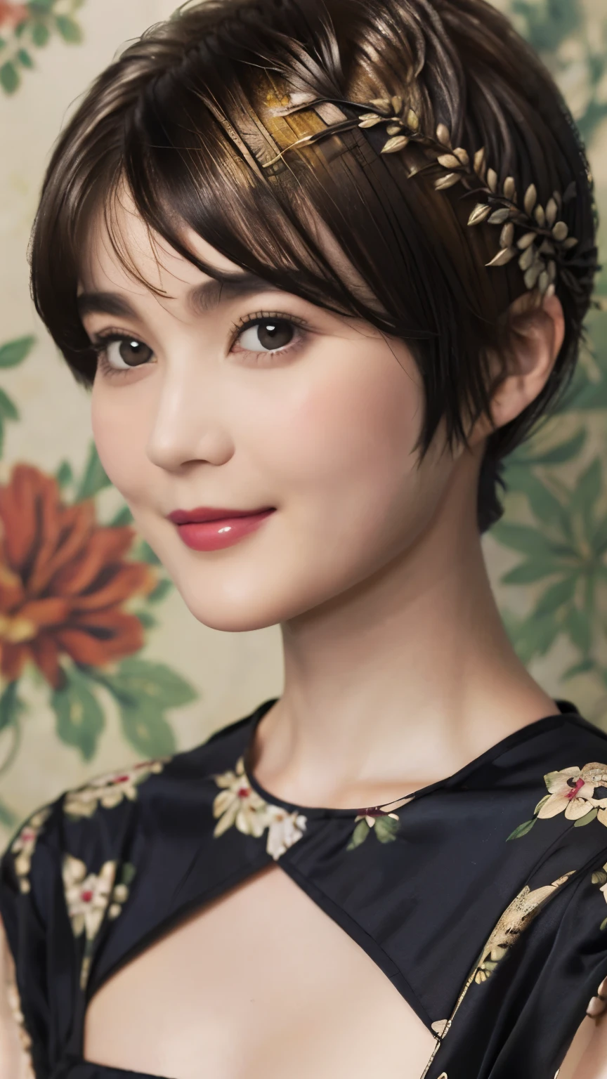 152
(20 year old woman,floral pattern dress), (Super realistic), (high resolution), ((beautiful hairstyle 46)), ((short hair:1.46)), (gentle smile), (brest:1.1), (lipstick)
