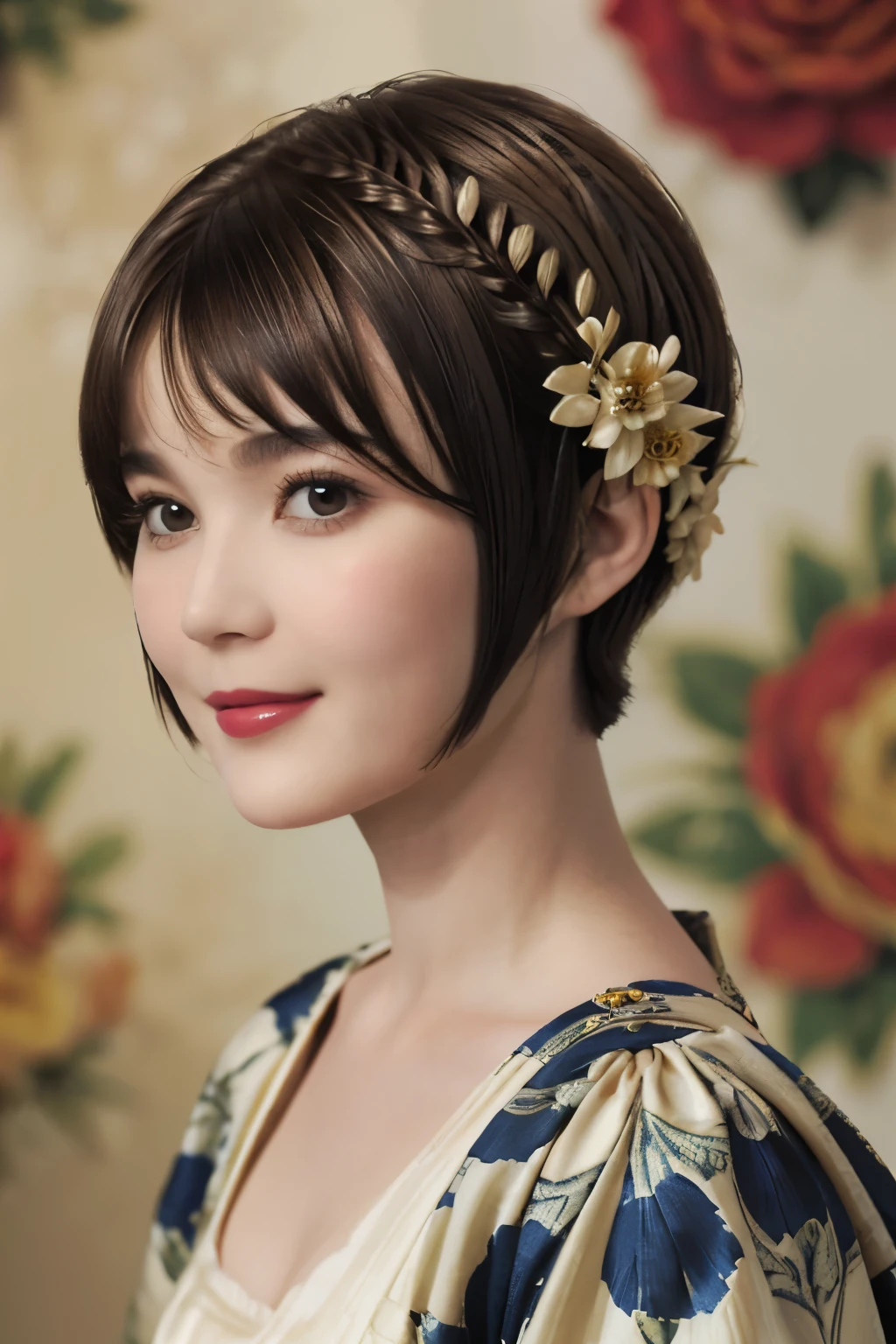 152
(20 year old woman,floral pattern dress), (Super realistic), (high resolution), ((beautiful hairstyle 46)), ((short hair:1.46)), (gentle smile), (brest:1.1), (lipstick)
