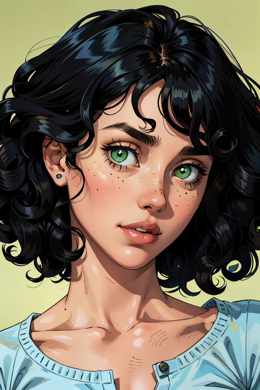 Uma garota, rosto magro, rosto inocente, cabelo preto cacheado, franja encaracolada, olhos verdes, pecas, pele de folha, topo azul, retrato