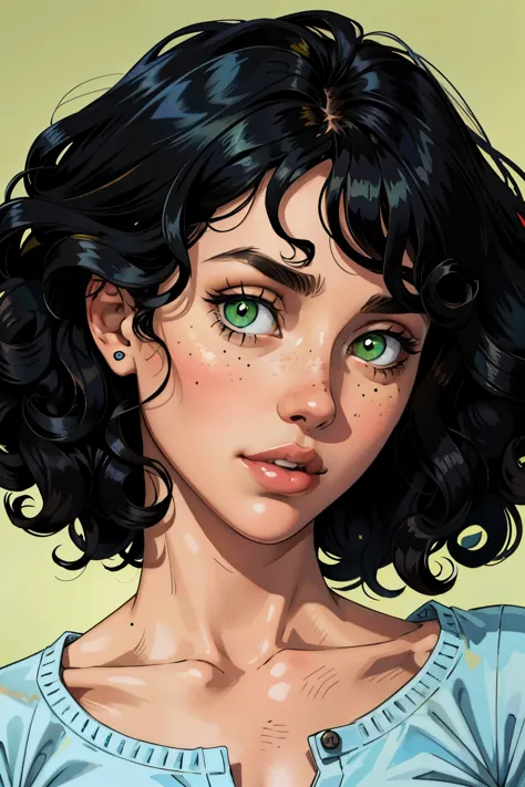 one girl, slim face, innocent face, black curly hair, curly bangs, green eyes, pecas, palid skin, blue top, retrato