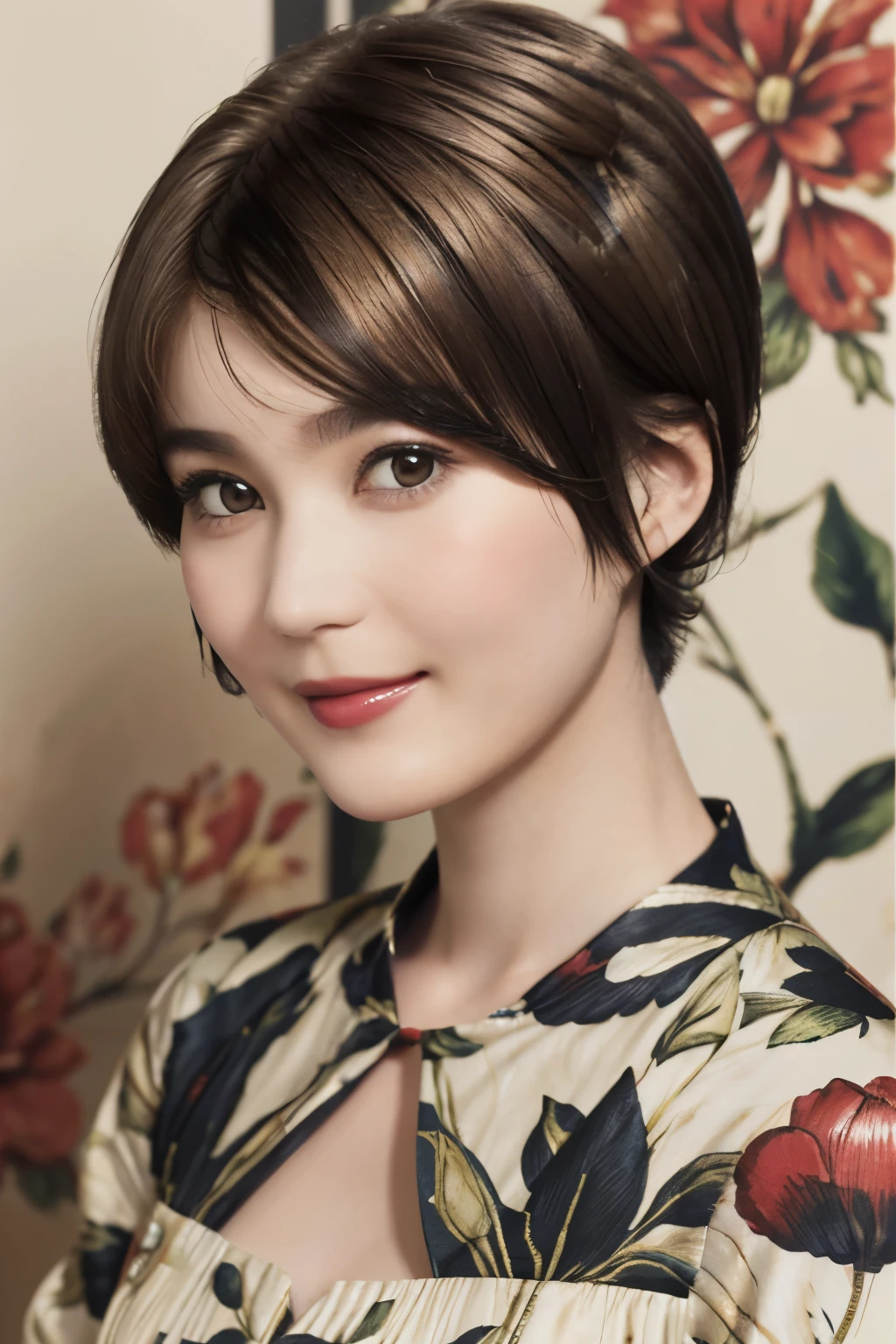 152
(20 year old woman,floral pattern dress), (Super realistic), (high resolution), ((beautiful hairstyle 46)), ((short hair:1.46)), (gentle smile), (brest:1.1), (lipstick)
